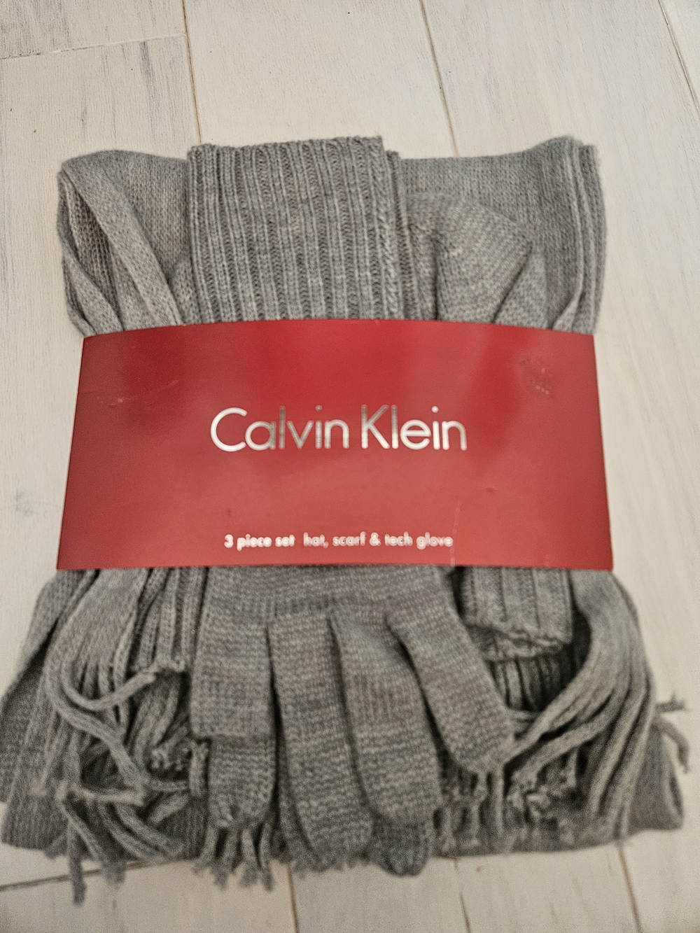 Calvin Klein Gray Knit Hat, Scarf & Tech Gloves Set